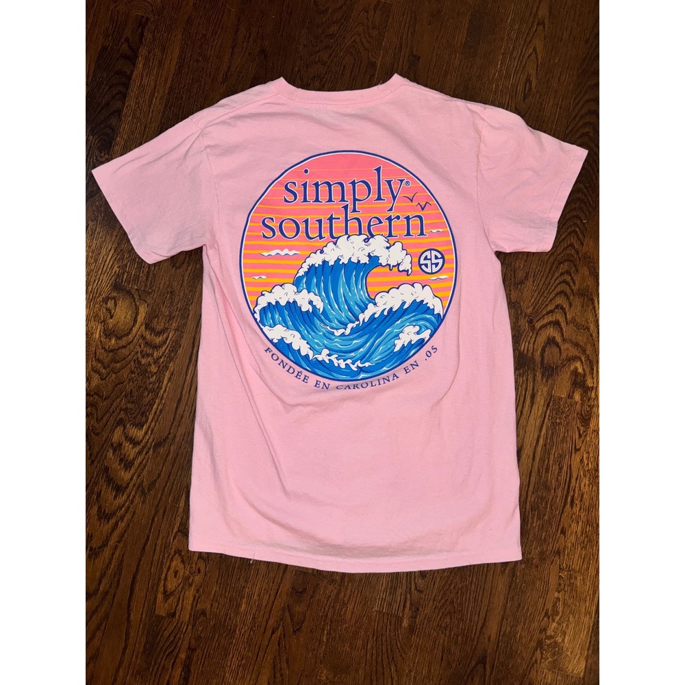Simply Southern Pink Ocean Wave Graphic T-Shirt Womens Small Short Sleeve Cotton